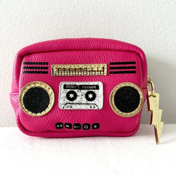 BETSEY JOHNSON Retro Boombox Radio Coin Purse Pouch Hot Pink Lightning Bolt Zip - Picture 2 of 7